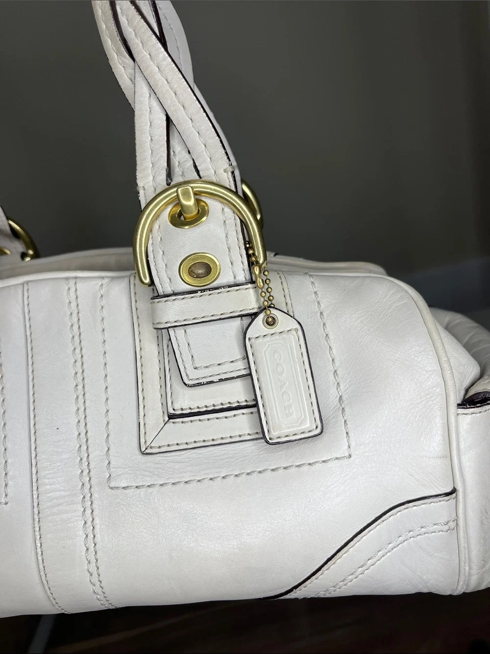 Coach  Cream Soho Mia Shoulder Bag with Braided Handles and Gold Hardware